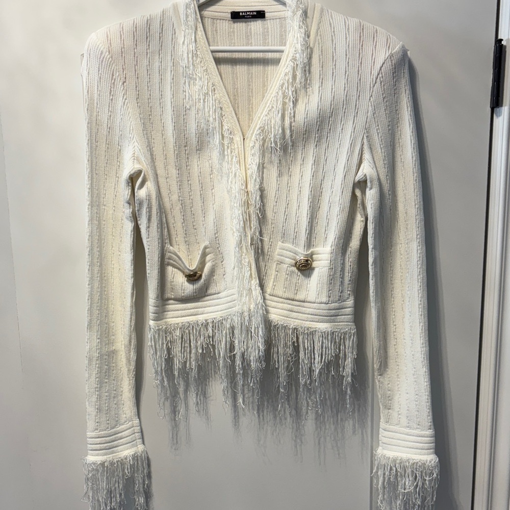 Balmain White Fringed Cardigan